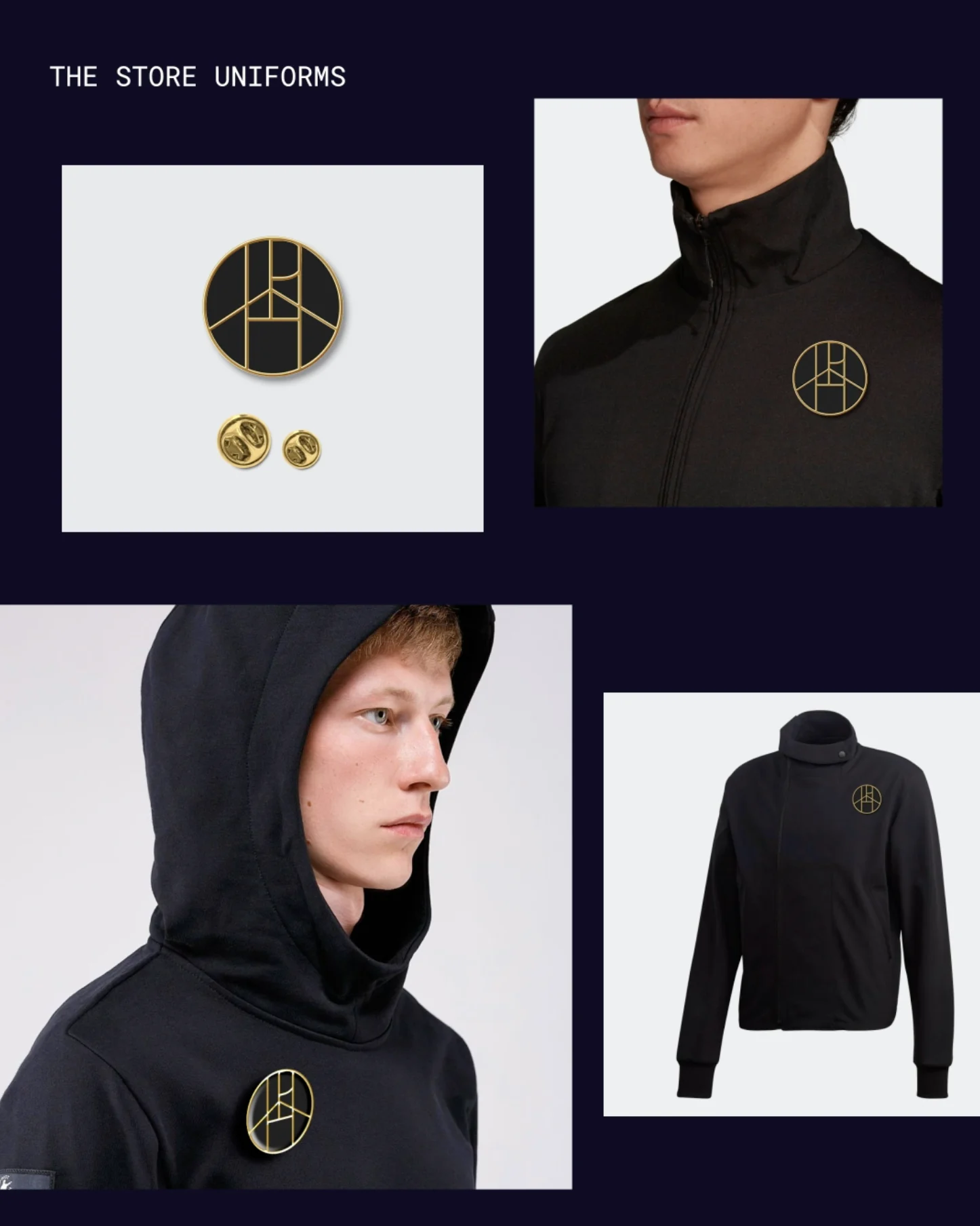 The store uniforms: a black track jacket and hoodie with the gold Playhouse symbol, and the pins