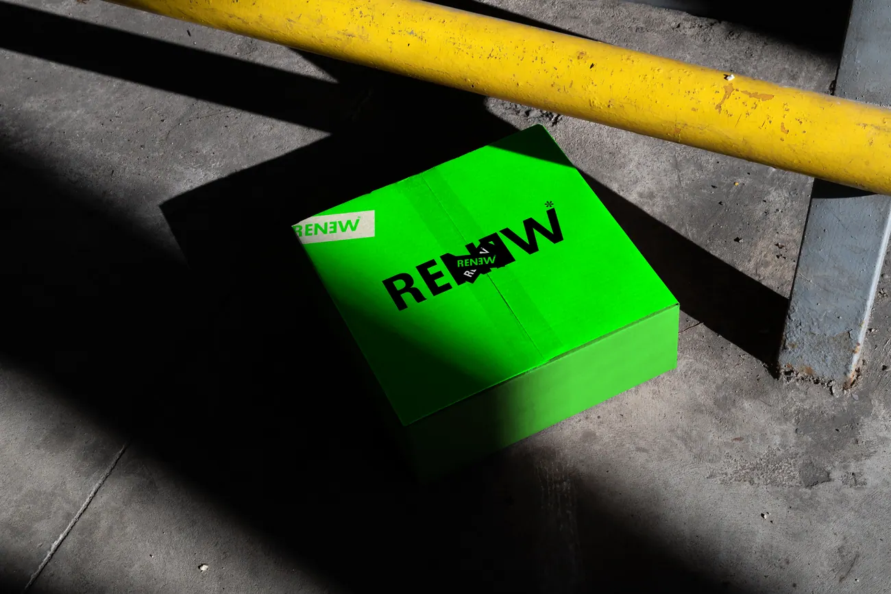 RENEW packaging in acid green