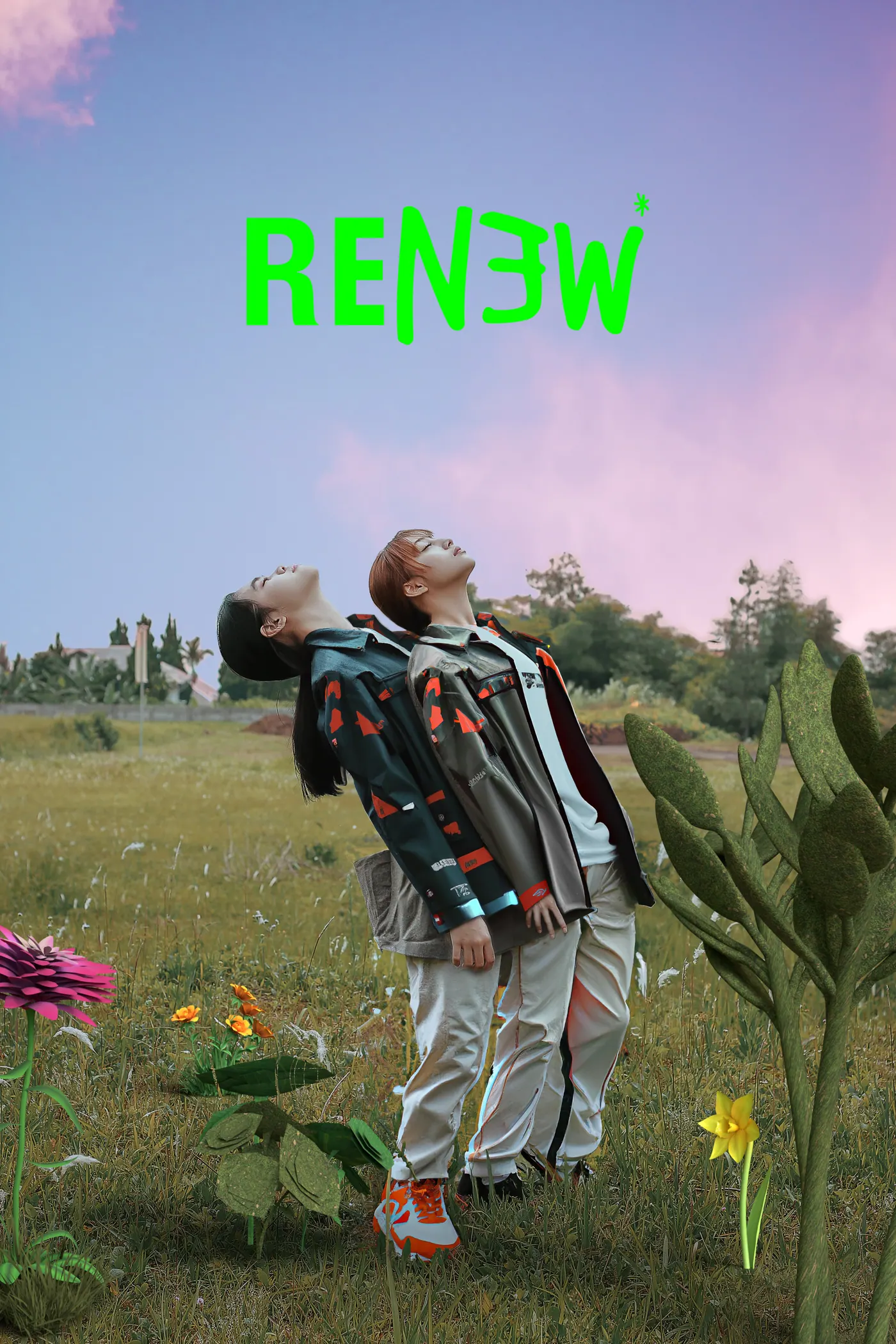 A figure standing in a meadow beside the RENEW sign