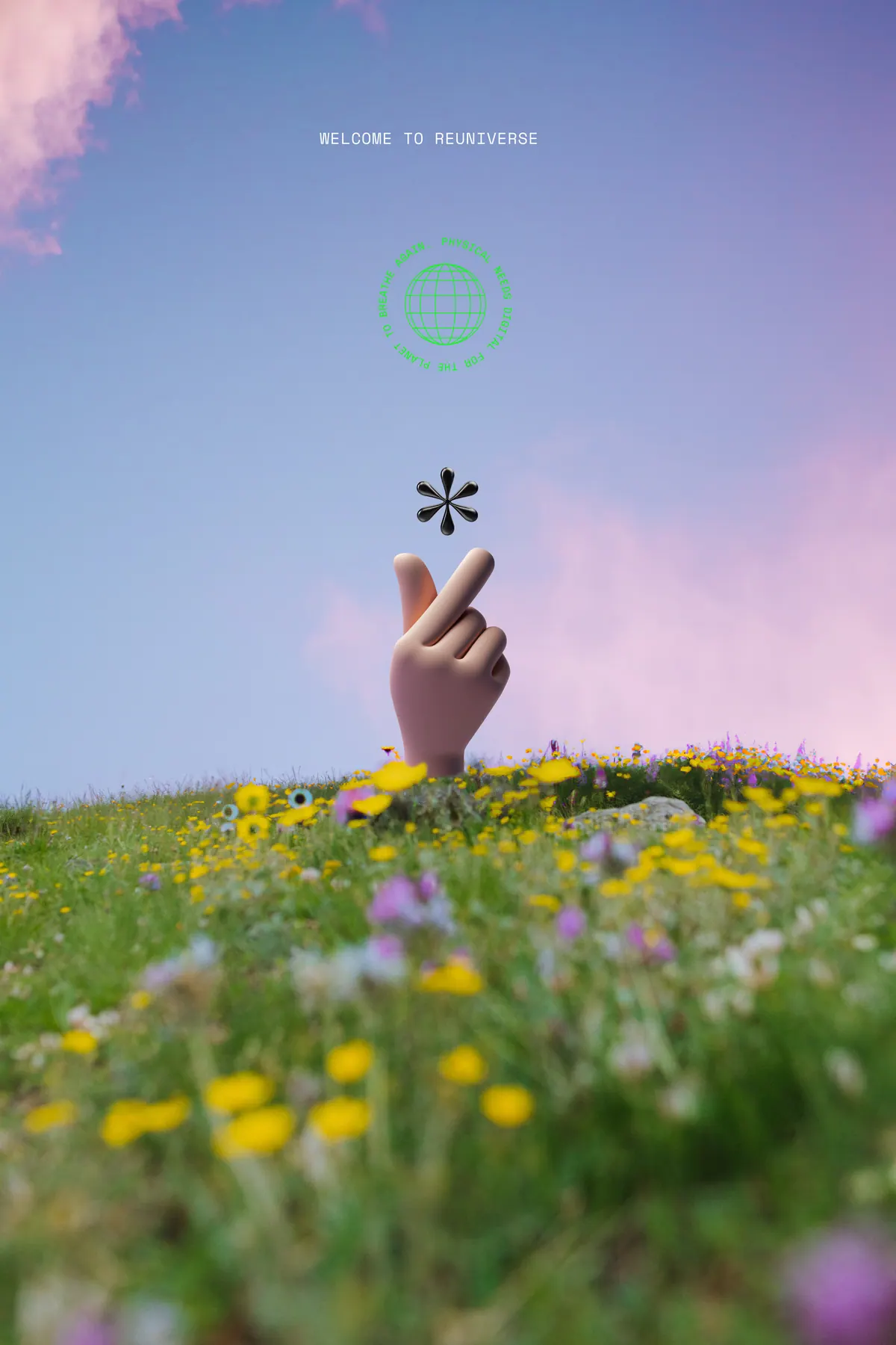 A hand rising from a meadow holding the symbol
