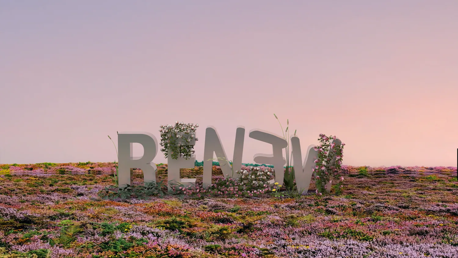 The RENEW wordmark standing as a structure in a landscape