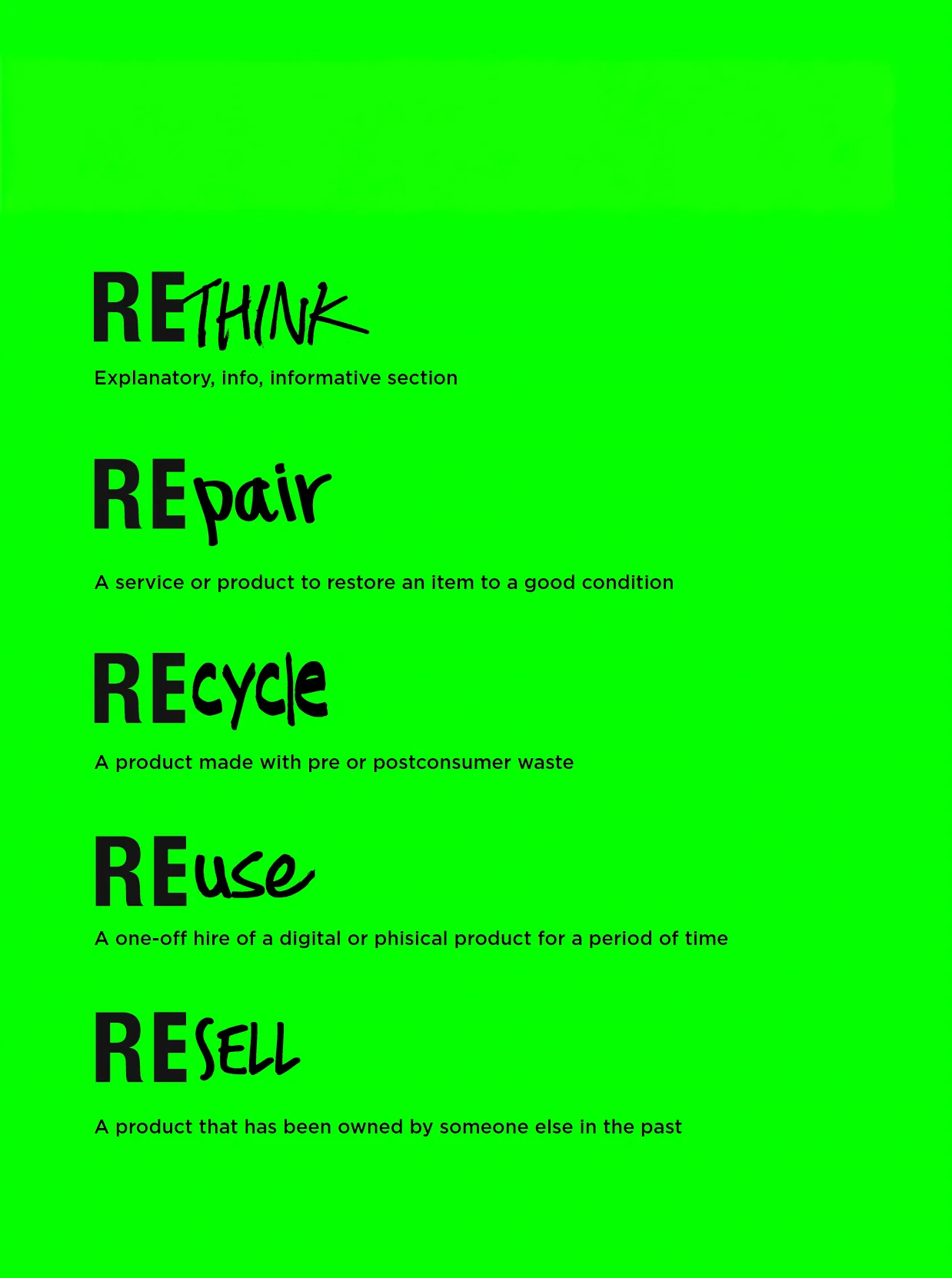 The five pillars: rethink, repair, recycle, reuse, resell, set in black on acid green