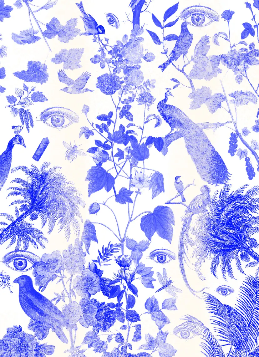An indigo toile pattern of birds and foliage with human eyes hidden in it