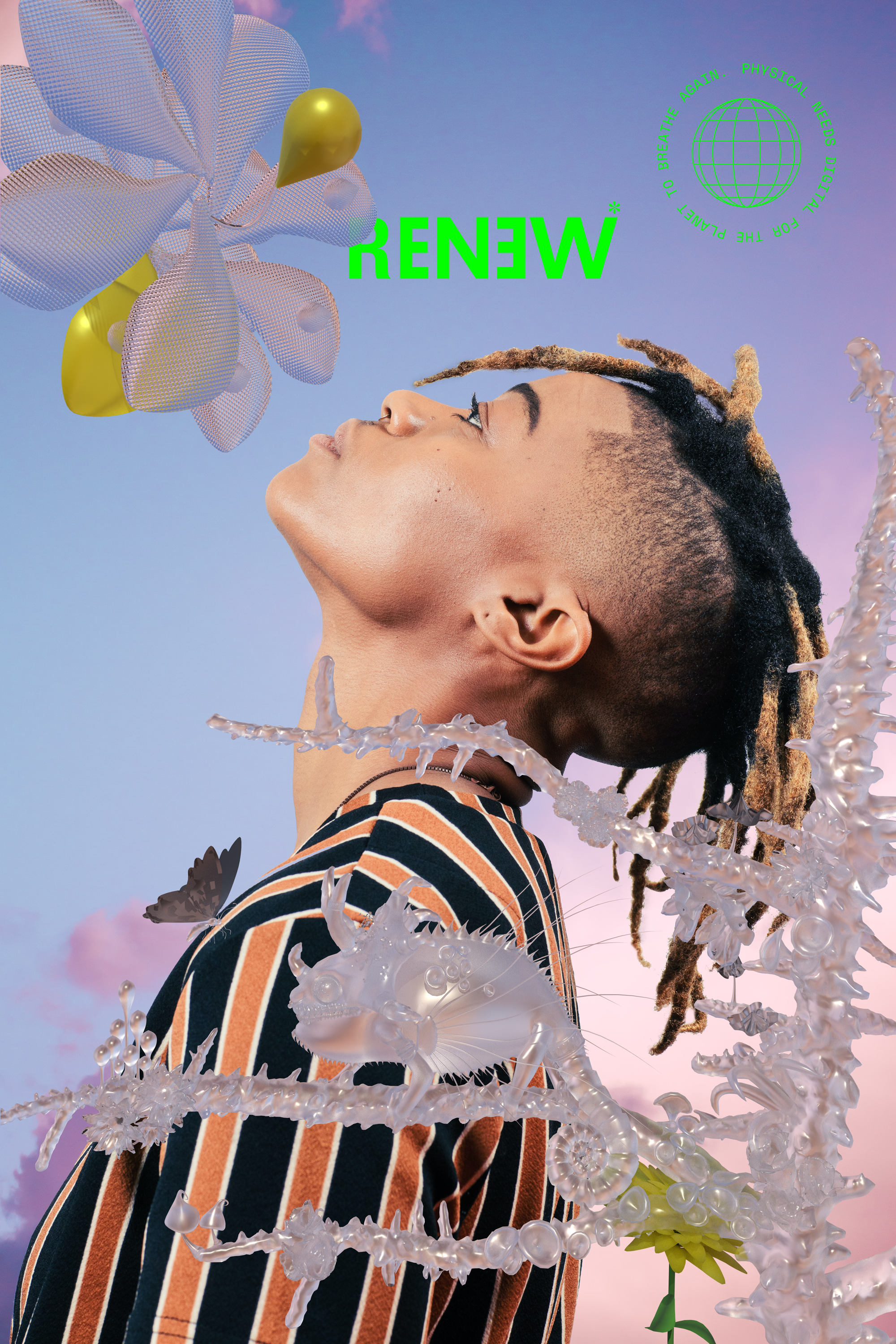 A RENEW campaign frame: a chrome object on a sky gradient with acid green type.